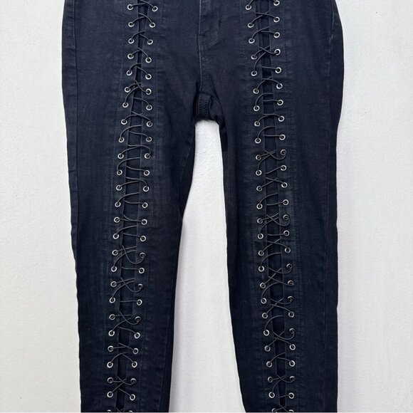 Platinum Plush Womens 7 Rhinestones Lace Up Biker Riding Jeans - Picture 5 of 14